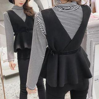 Set: Turtleneck Striped Long-sleeve T-shirt + Ruffle Hem V-neck Knit Vest