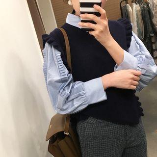 Frilled Knit Vest / Plain Pleated-sleeve Blouse