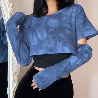 Set: Long-sleeve Cutout Tie-dye Cropped T-shirt + Camisole Top