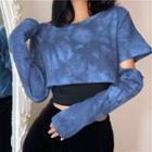 Set: Long-sleeve Cutout Tie-dye Cropped T-shirt + Camisole Top