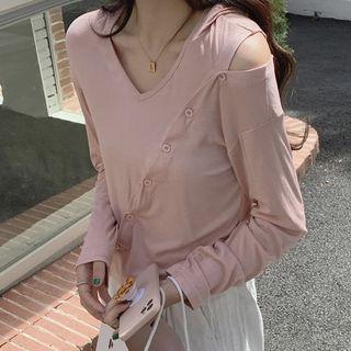 Long-sleeve Cold Shoulder Asymmetrical Button T-shirt