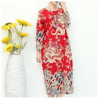 Long-sleeve Print Midi Dress