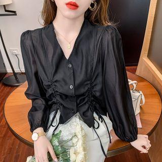 Long-sleeve V-neck Drawstring Cropped Blouse