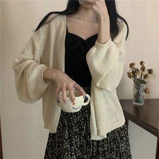 Plain Knit Puff-sleeve Cardigan