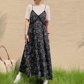 Set: Spaghetti Strap Floral Midi A-line Dress + Short-sleeve Top