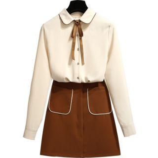 Contrast Trim Shirt / Mini A-line Skirt / Set