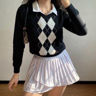 Round Neck Argyle Knit Top