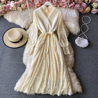 Inset Fleece Vest Long-sleeve Lace Dress