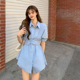 Short-sleeve A-line Shirt Dress / Shorts Set Of 2 - Dress & Shorts - Blue - One Size