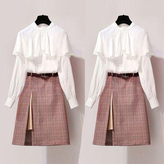 Set: Capelet Blouse + Plaid A-line Skirt