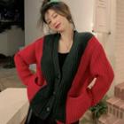 Two-tone Loose-fit Cardigan Red - One Size