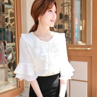Elbow-sleeve Ruffle-trim Shirt