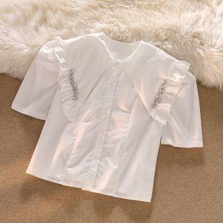 Short-sleeve Rhinestone Blouse White - One Size