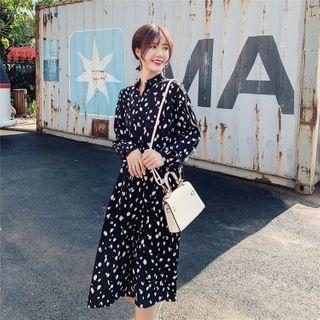 Printed Long-sleeve Drawstring-waist Midi A-line Dress Black - One Size