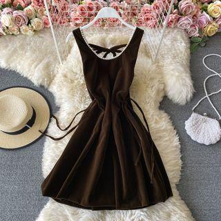 Lace-up Drawstring Velvet Sleeveless Dress