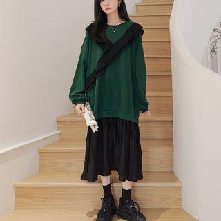 Mock Two-piece Puff-sleeve Shirred Midi Dress
