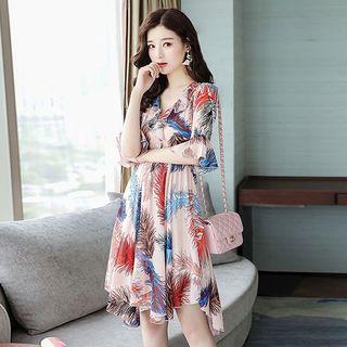 Feather Print Bell-sleeve A-line Chiffon Dress
