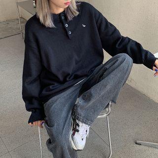 Half-buttoned Plain Sweatshirt Black - One Size