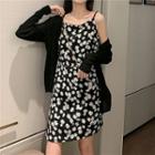 Set: Floral Spaghetti Strap Mini A-line Dress + Knit Cardigan Set Of 2 - Cardigan - Black - One Size / Dress - Black - One Size