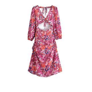 Balloon-sleeve V-neck Print A-line Dress