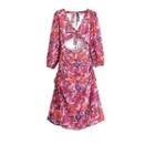 Balloon-sleeve V-neck Print A-line Dress
