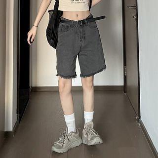 Low-rise Frayed Denim Shorts