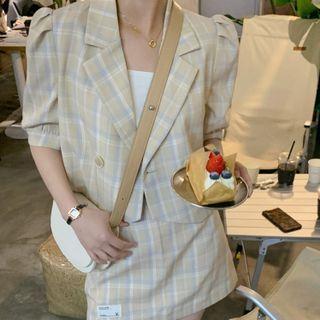 Short-sleeve Plaid Blazer + High-waist Plaid Skirt