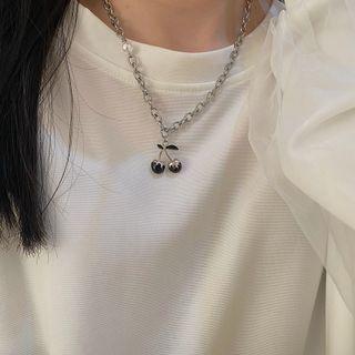 Cherry Pendant Stainless Steel Necklace Black Cherry - Silver - One Size