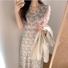 Floral Print Puff-sleeve Maxi A-line Chiffon Dress Floral - Purple - One Size