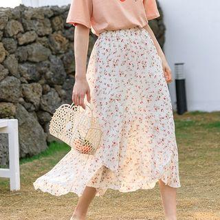 Asymmetric Floral Midi Skirt Light Almond - One Size
