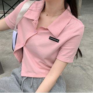 Short Sleeve Button-up Plain Polo Top