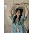 Short-sleeve Square Neck Plaid Blouse Plaid - Green - One Size