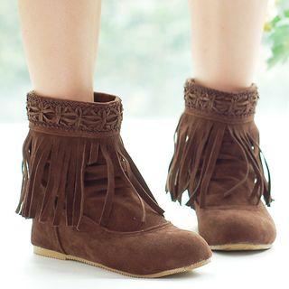 Hidden Wedge Fringe Trim Ankle Boots