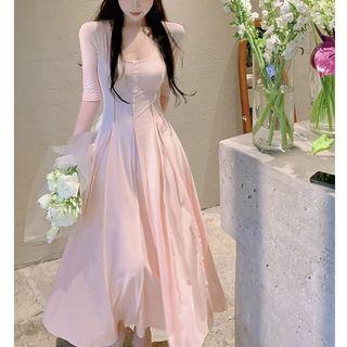 U-neck Elbow-sleeve Midi Dress