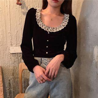 U-neck Lace-trim Velvet Blouse Black - One Size