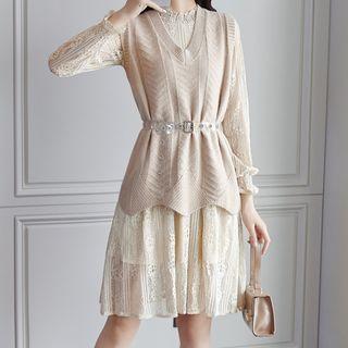 Set: Long-sleeve Midi A-line Lace Dress + Knit Vest