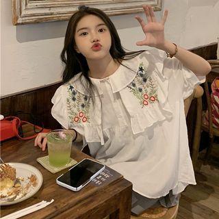 3/4-sleeve Collar Embroidered Blouse White - One Size