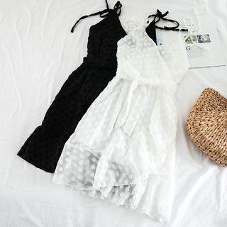 Dotted Tie-waist Spaghetti Strap A-line Dress