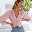Puff Sleeve V Neck Cropped Blouse