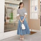 Band-waist Denim Flare Skirt Light Blue - One Size
