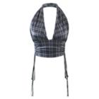 Halter-neck Drawstring Plaid Cropped Camisole Top
