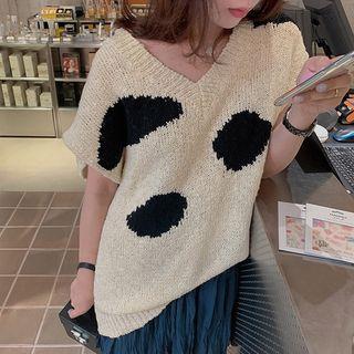 Short-sleeve Knitted Dot Print V-neck Loose-fit Top