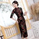 3/4-sleeve Floral Velvet Midi Sheath Qipao Dress