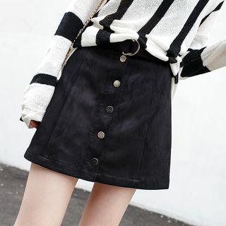 Buttoned Faux Suede A-line Skirt
