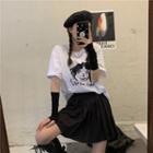 Elbow-sleeve Graphic Print T-shirt / Pleated Mini A-line Skirt