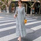 Long Sleeve V-neck Floral Chiffon Midi Dress