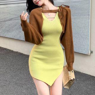 Knit Shrug / Long-sleeve Knit Mini Bodycon Dress