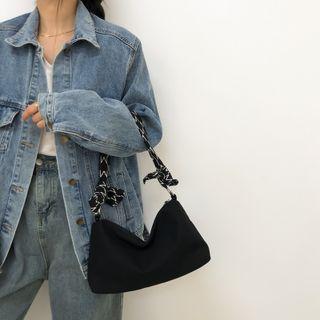 Lettering Strap Shoulder Bag With Bear Charm - Black - One Size