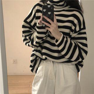 Striped Turtleneck Sweater Striped - Black & Off-white - One Size