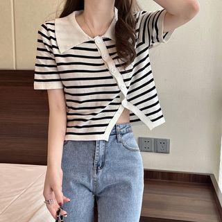 Short-sleeve Asymmetrical Striped Knit Top